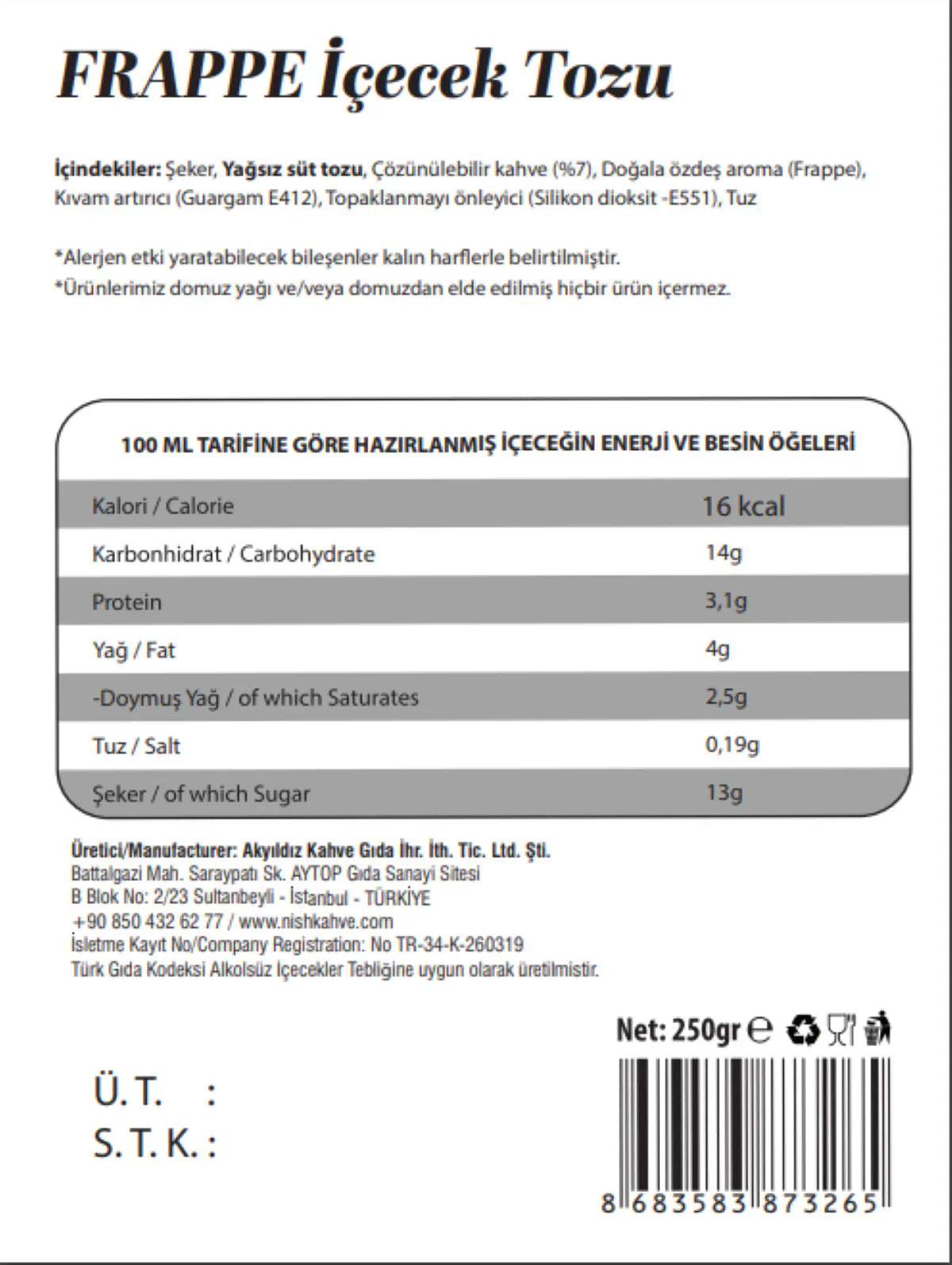 Nish Kahve Flavored Powder Drink Frappe 250 Gr - Kia Day Design