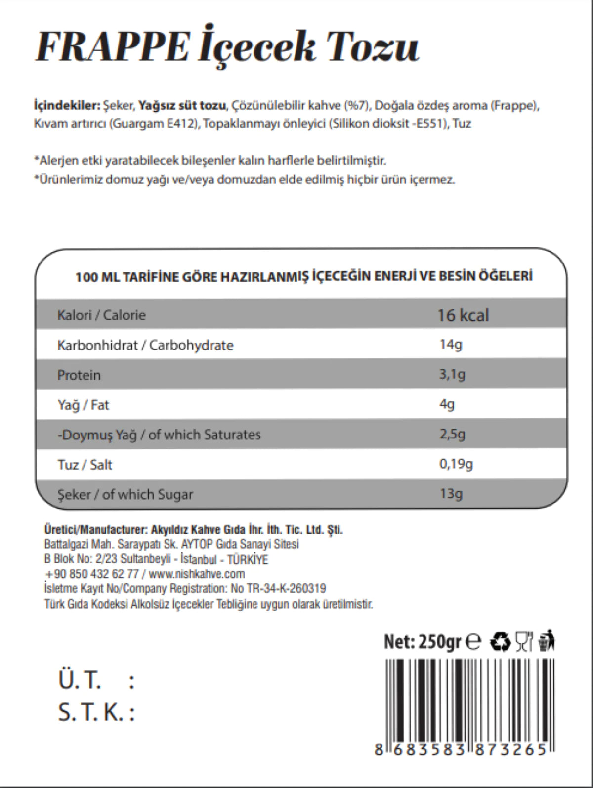 Nish Kahve Flavored Powder Drink Frappe 250 Gr - Kia Day Design