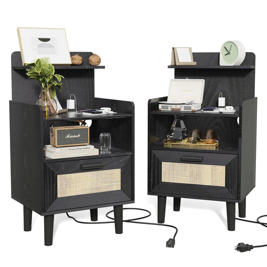 Hiwelldas Black Rattan Nightstand Set with Charging Station & Rattan Decor Drawer - Kia Day Design