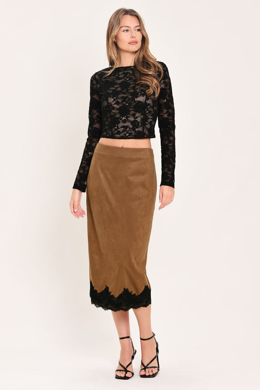 UMBER LACE AFTERGLOW FAUX SUEDE STRAIGHT SKIRT - - SKIRTS