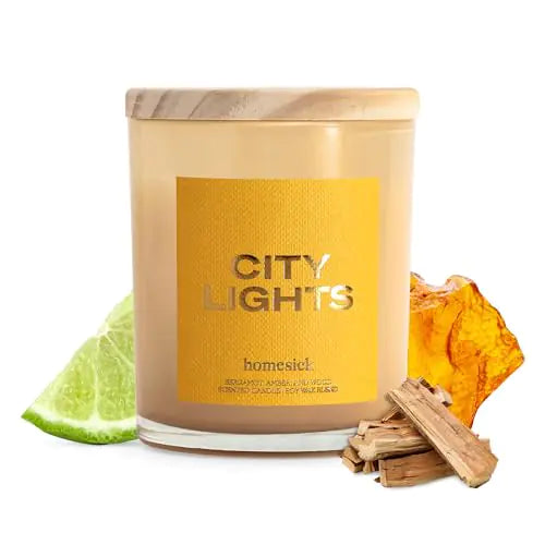 Homesick Scented Candles for Home (City Lights) - 7.5 oz Long-Lasting Natural Soy Wax Blend Jar Candle Gift for Women & Men for All Occasions 30-35 Hours Burn Time - Notes of Amber & Bergamot