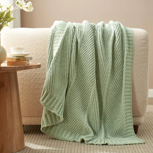 Amélie Home Chenille Knit Throw Blanket for Couch Chunky Knit Blanket with Chevron Texture Non-Shedding Decorative Farmhouse Soft Blanket for Home Sofa Chair Bed Sage Green 50"x 60" Kia Day Design
