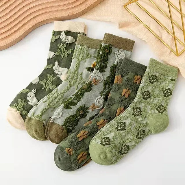 5 Pairs Flower Embroidered Socks - Kia Day Design