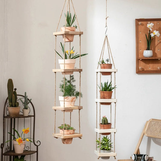 Wooden Rope Hanging Plant Shelf - -