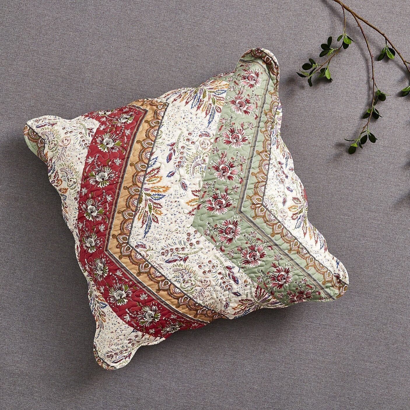 DaDa Bedding Bohemian Cranberry Sage Chevron Floral Euro Pillow Sham Cover, 26" x 26" (JHW924) - - Throw Pillow Covers