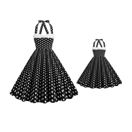 Black Vintage Polka Dot 1950s Rockabilly Audrey Hepburn Dress - - dress