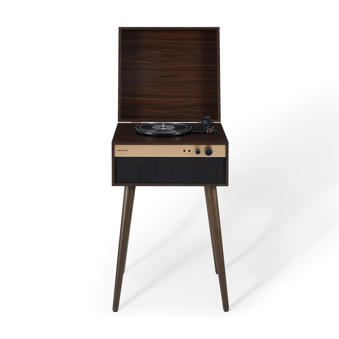 Footed Walnut Crosley Jasper 3-Speed Bluetooth Record Player Stand with Built-in Speakers - Kia Day Design