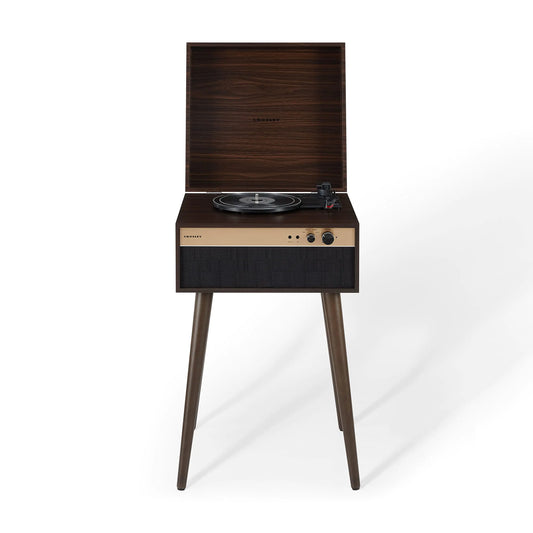 Footed Walnut Crosley Jasper 3-Speed Bluetooth Record Player Stand with Built-in Speakers - Kia Day Design