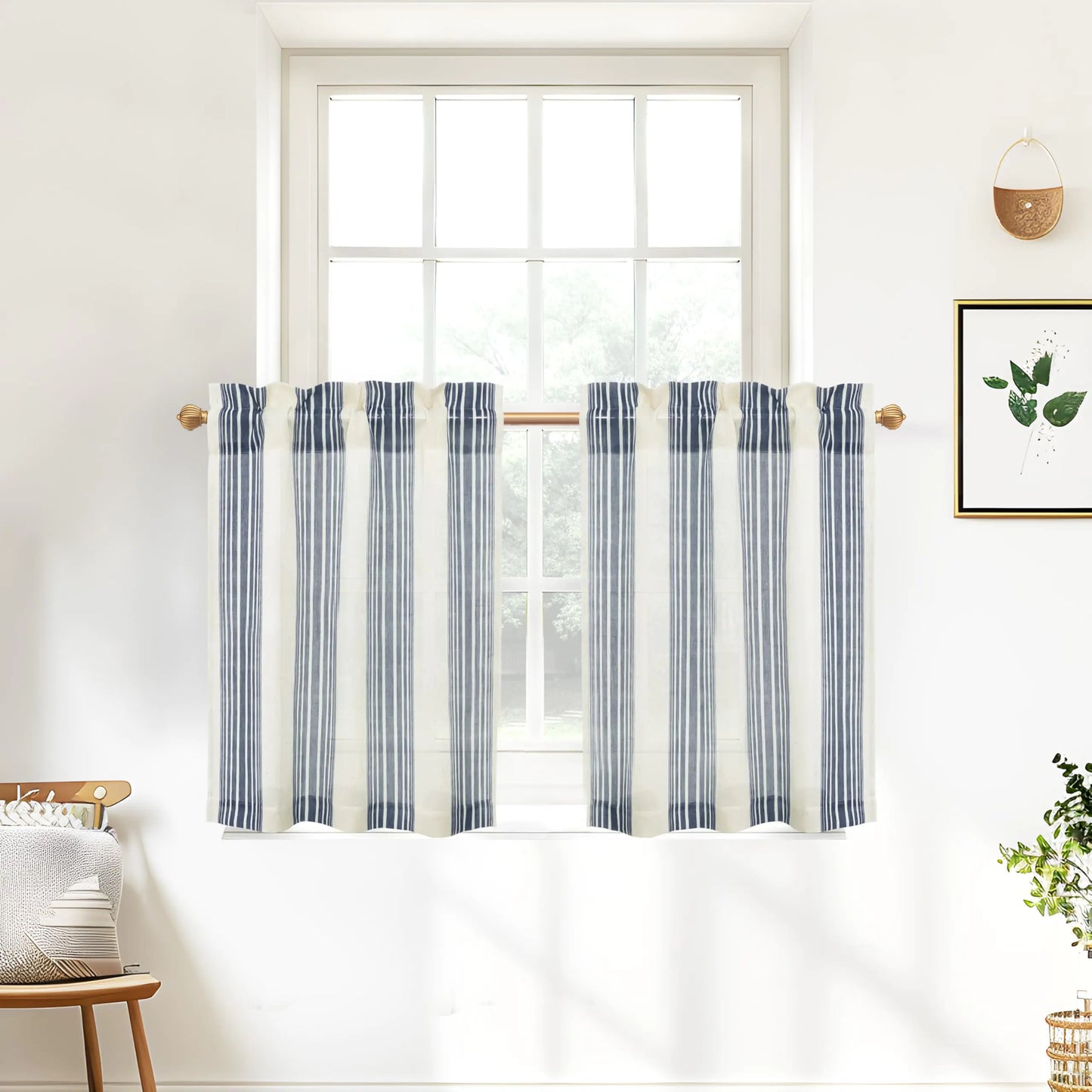 Blue and White Striped Cafe Curtains 24 Inch Length Rod Pocket 2 Panels - Kia Day Design