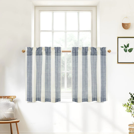 Blue and White Striped Cafe Curtains 24 Inch Length Rod Pocket 2 Panels - Kia Day Design