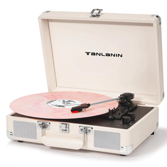 Light Pink 3-Speed Bluetooth Portable Suitcase Record Player with Enhanced Speakers Treble and Bass Control - Kia Day Design