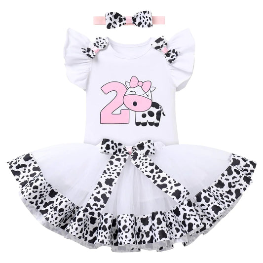 IDOPIP Baby Girls Cow 2nd Birthday Outfit Farm Animals Fancy Dress up Cow Print Romper Tutu Skirt Headband Bowknot Tutu Dress 3PCS Clothes Set for Cake Smash Photo Props White Cow - No.2 2 Years Kia Day Design