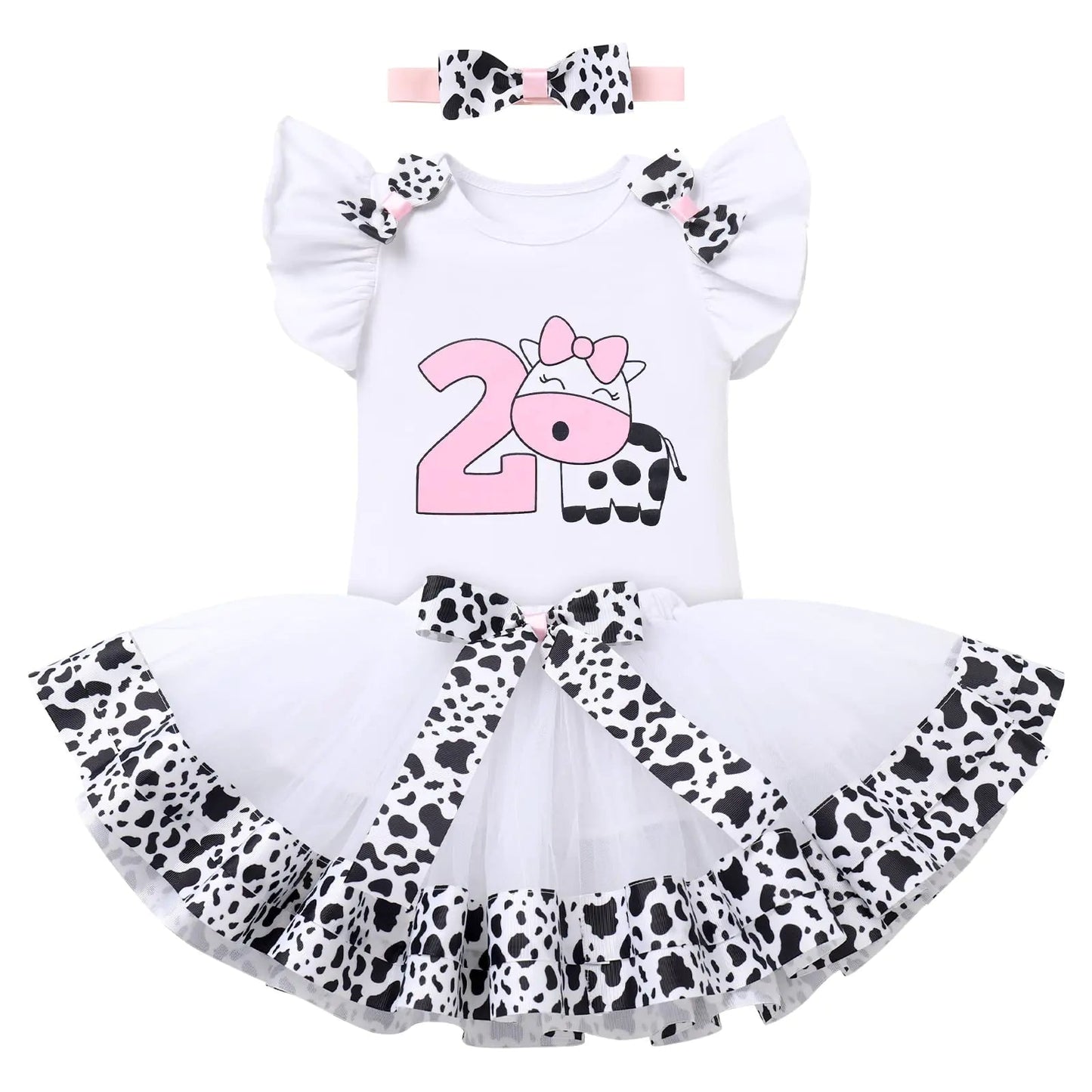 IDOPIP Baby Girls Cow 2nd Birthday Outfit Farm Animals Fancy Dress up Cow Print Romper Tutu Skirt Headband Bowknot Tutu Dress 3PCS Clothes Set for Cake Smash Photo Props White Cow - No.2 2 Years Kia Day Design