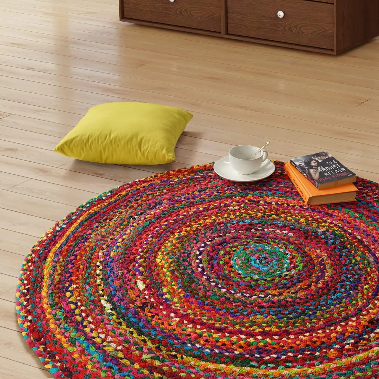 5ft Cotton Round Multicolor Handmade Braided Rug - - rug