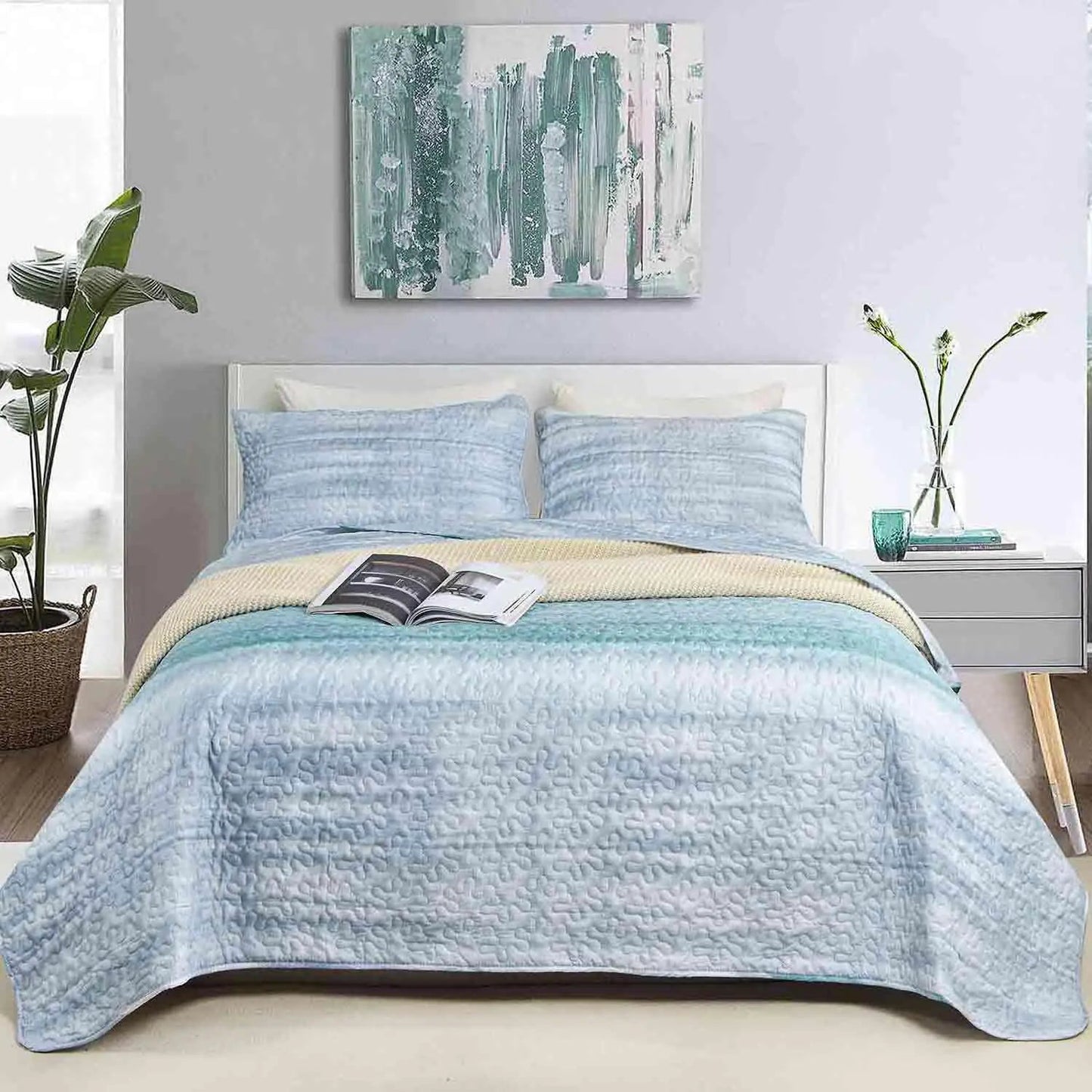 King Size 3 pcs Grey and Teal Blue Striped Bedding Set - Kia Day Design