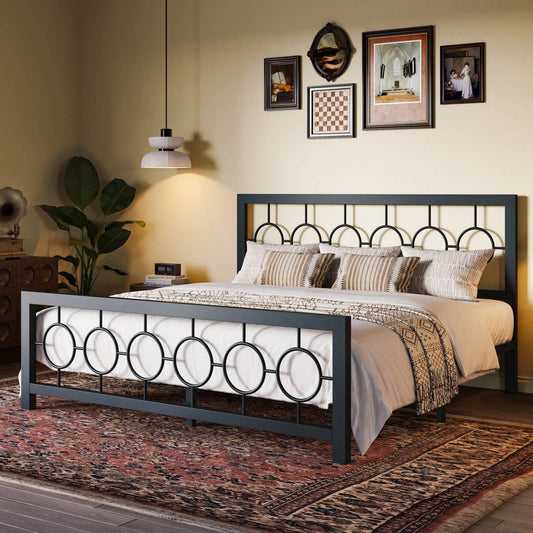 King Black Metal Platform Bed Frame with Circle Medallion Headboard Footboard - - Bedroom > Bed Frames > Metal Beds