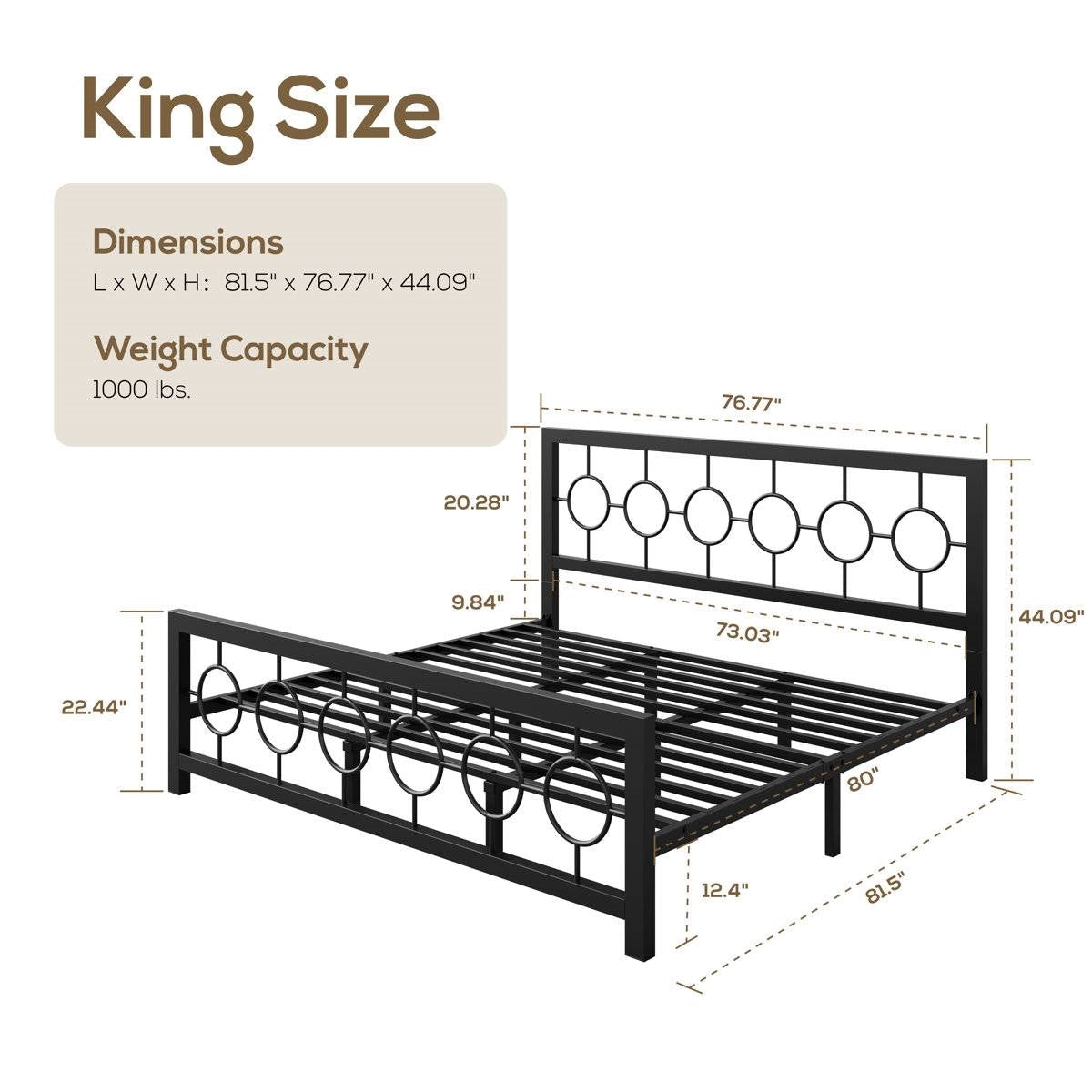 King Black Metal Platform Bed Frame with Circle Medallion Headboard Footboard - - Bedroom > Bed Frames > Metal Beds