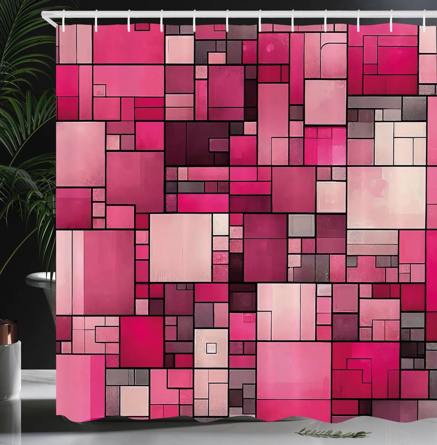Pink Squares Abstract Cloth Shower Curtain with Hooks - Magenta Dried Rose Rose 69"W x 84"L (Pack of 1) - shower curtain