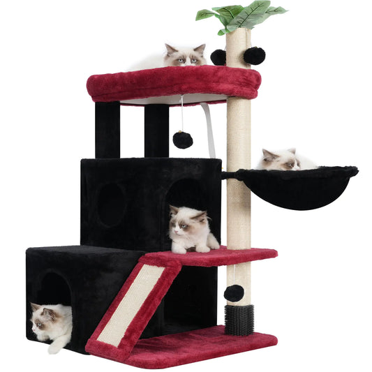 Gitelsnour Cat Tree Cat Tower with Spacious Cat Condo Cat Tree Tower for Indoor Cats with Cat Self Groomer Brush Cat Scratching Post Cat Hammock Black and red GCT012BR