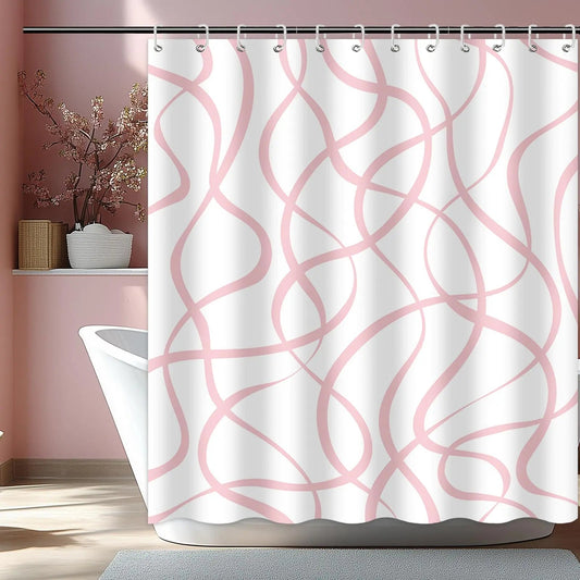 Wavy Pink Striped Shower Curtain with 12 Hooks - Kia Day Design