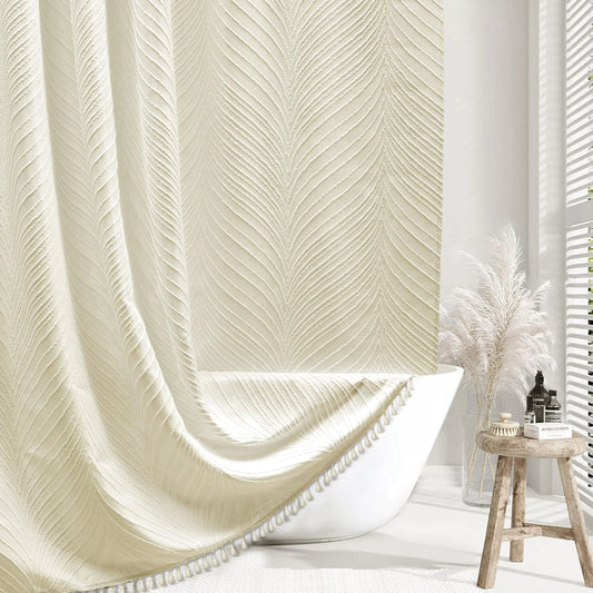 Beige Woven Fabric Tufted Leaves Textured Striped Shower Curtain - Kia Day Design