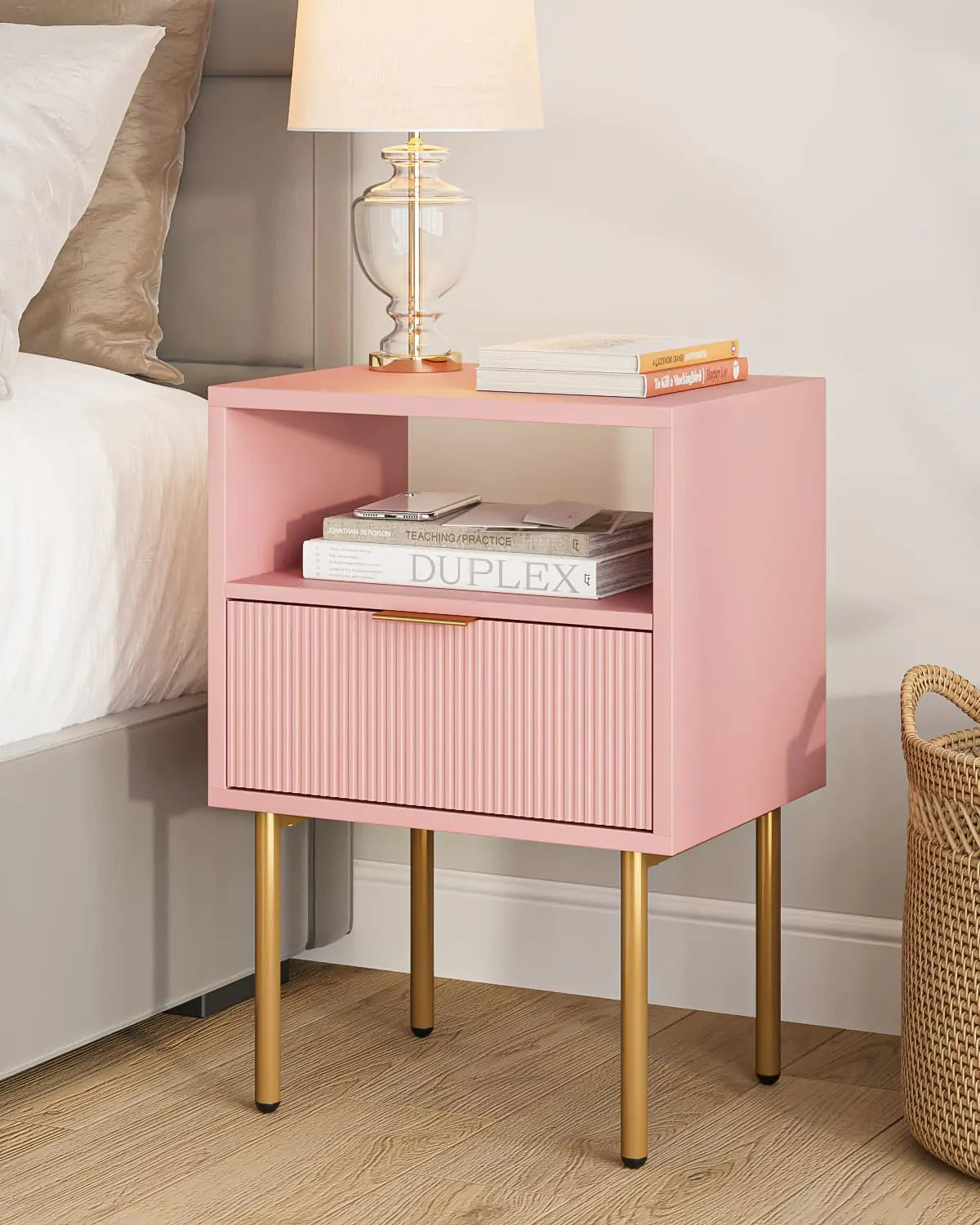 Pink Masupu Night Stand Mid-Century Bedside Table with Storage Drawer - Kia Day Design