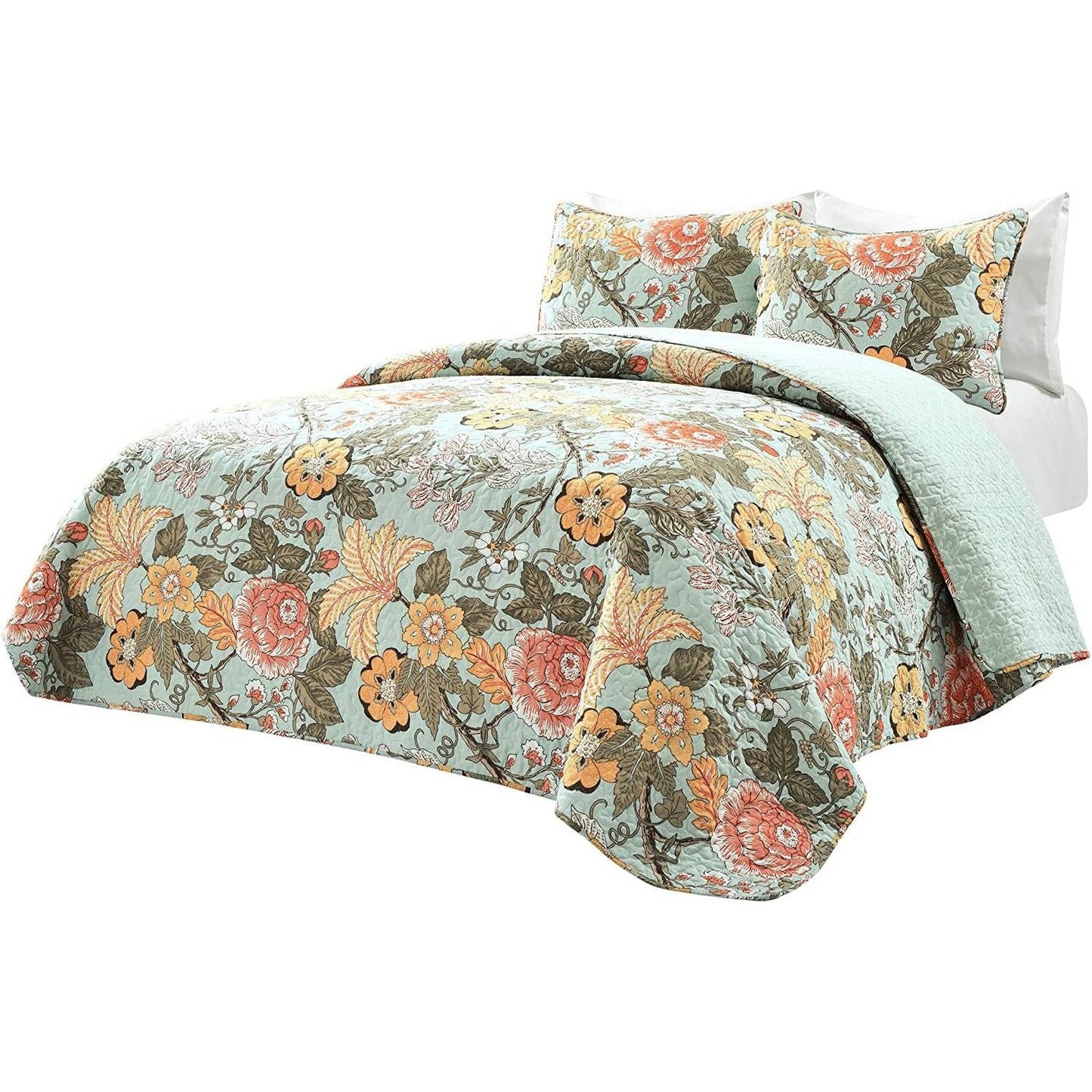 3 Piece FarmHouse Teal Floral Cotton Reversible Quilt Set King - - Bedroom > Quilts & Blankets