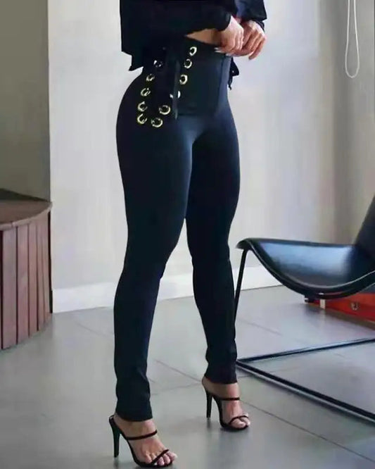 Casual Laced Waist Tie Leggings - Black M - leggings