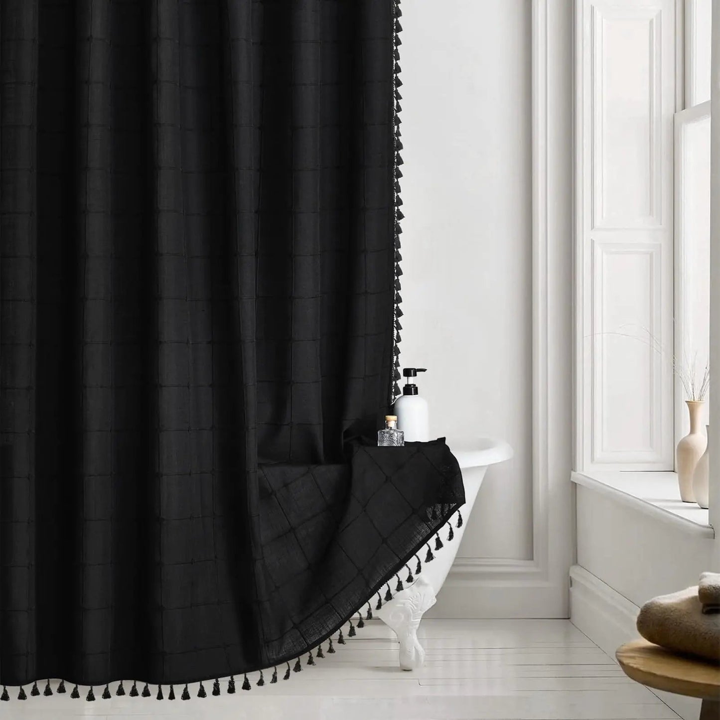 Black Fabric Extra Long 84 Inch Shower Curtain with Tassels Heavy Duty Weighted - Kia Day Design