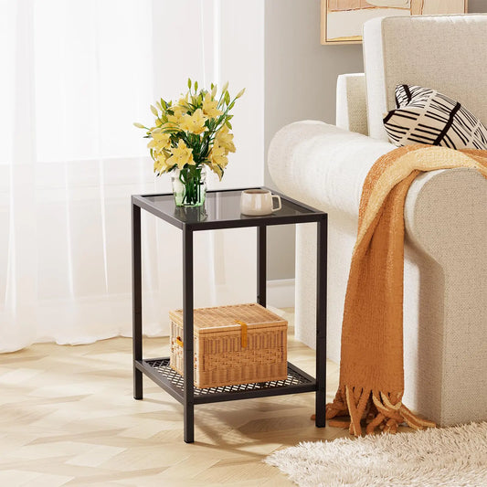 Small Square 2-Tier Gray Glass End Table with Mesh Shelf - Kia Day Design