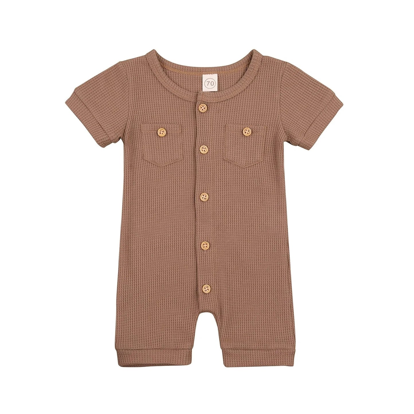 Solid Color Short Sleeve Round Neck Button Baby Playsuit Kia Day Design