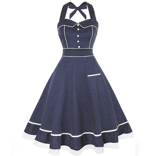 2020 Women's Retro Polka Dot 50s Dress with Pleats - Blue L -