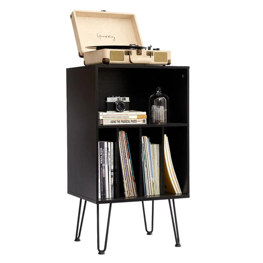 Black Record Player Stand with Vinyl Storage Holds Up to 150 Albums - Kia Day Design