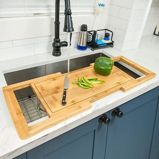 Over The Sink Expandable Bamboo Cutting Board with Juice Groove