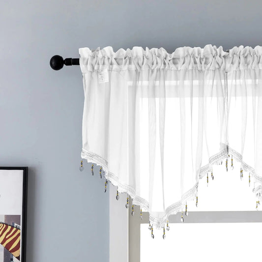 Ivory Beaded Triangle Sheer Valance Curtain Rod Pocket - White - valance