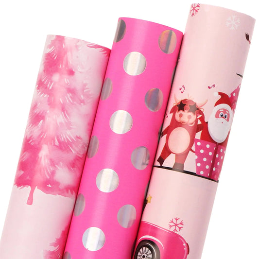 Ribbli Christmas Wrapping Paper 3 Rolls Pink Gift Wrapping Paper - - wrapping paper