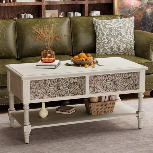2 Tier Vintage Coffee Table with Drawers - - table