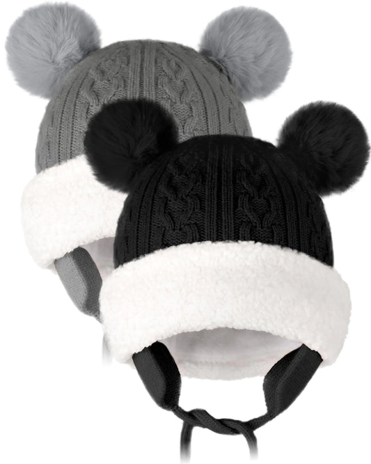 OLIKER Toddler Winter Knitted Hat Double Pom Pom - - toddler hat