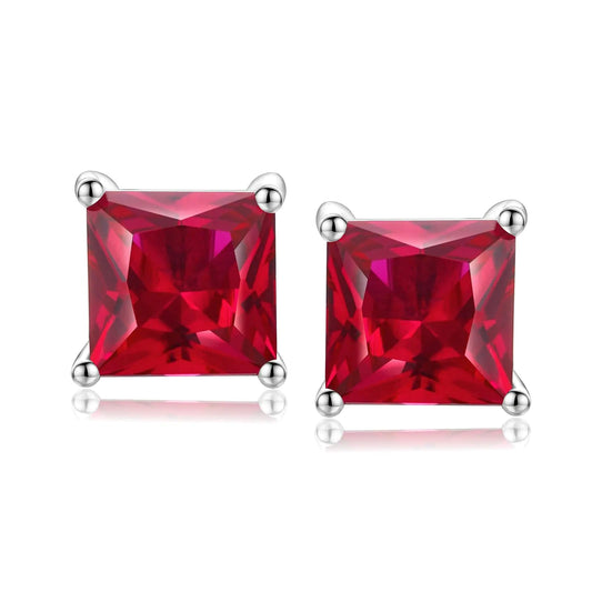 Red Princess Cut Ruby Earrings - - earrings