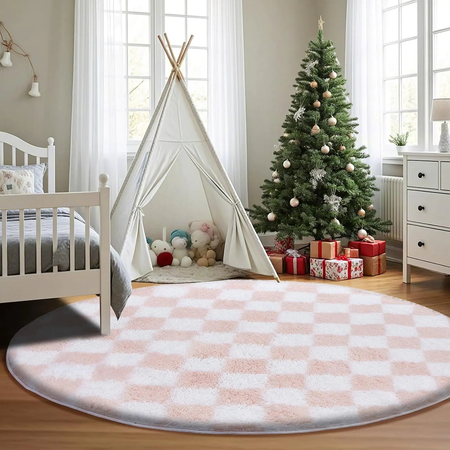 Soft Round Pink and White Checkered Non-Slip Round Rug - Kia Day Design