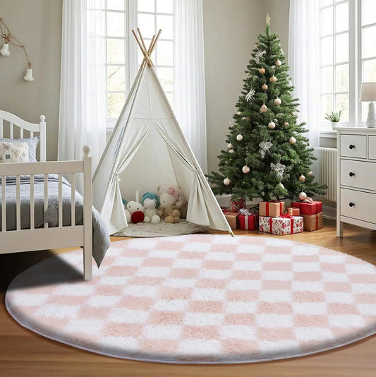 Soft Round Pink and White Checkered Non-Slip Round Rug - Kia Day Design