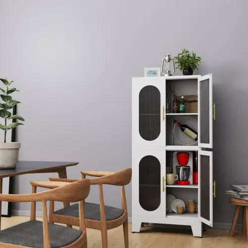 White Metal Storage Cabinet with Doors and Shelves with Lock 3 Adjustable Shelves - Kia Day Design