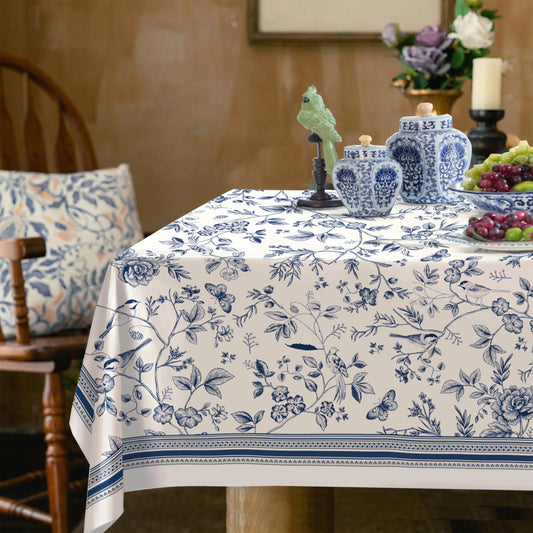 Blue Floral Birds Rustic Rectangular Tablecloth - Kia Day Design