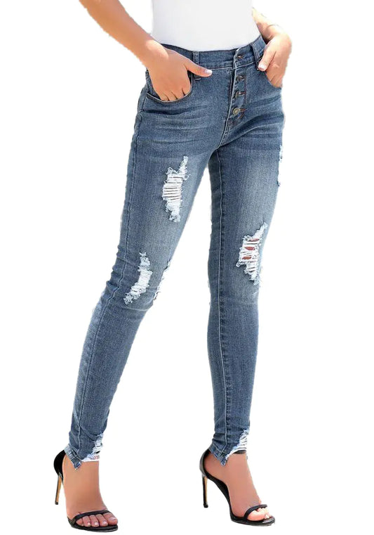 High Waist Low Cut Jeans with Button Detail - Kia Day Design