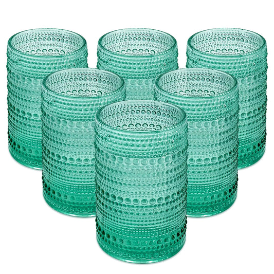 UPZAI Vintage Drinking Glasses Glassware: 15oz Water Cups Set of 6 - Thick Glass Vintage Hobnail Tumbler for Cocktail Whiskey Wine Beer Juice (6pcs Aqua Blue)