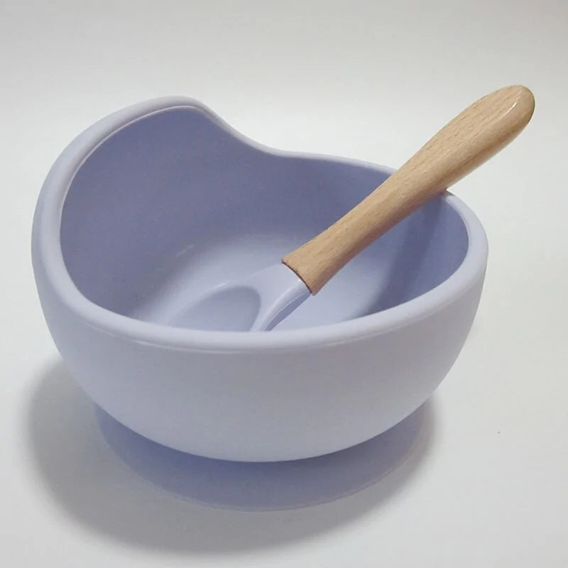 Baby Silicone Feeding Set with Wooden Handle Spoon Light Purple