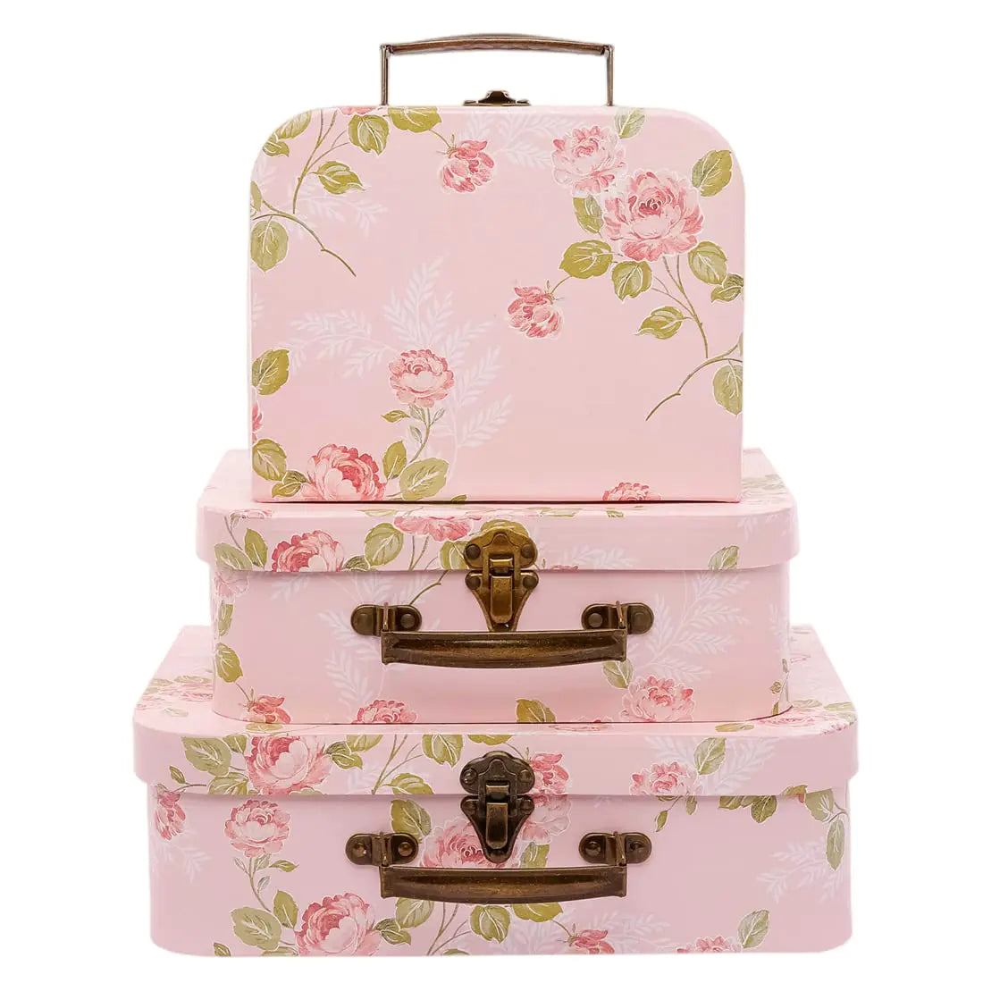 Set of 3 Pink Floral Decorative Paperboard Suitcases - - suitcase