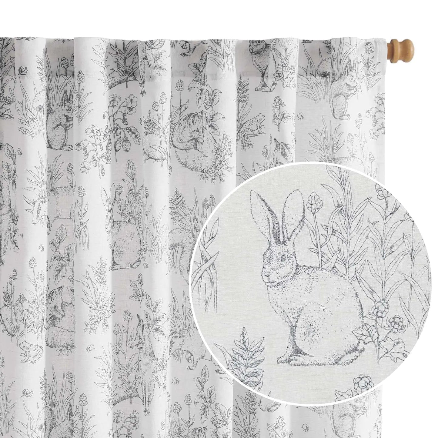 Grey Linen Curtains Farmhouse Curtain 84 Inches Long Toile Back Tab Rabbit Printed Light Filtering 2 Panels - Kia Day Design