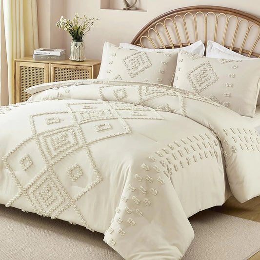 Cream Geometric Embroidered King Size Comforter Set 3 PC - Kia Day Design