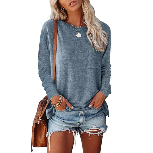 Pocket Split Long-sleeved Casual T-shirt Kia Day Design